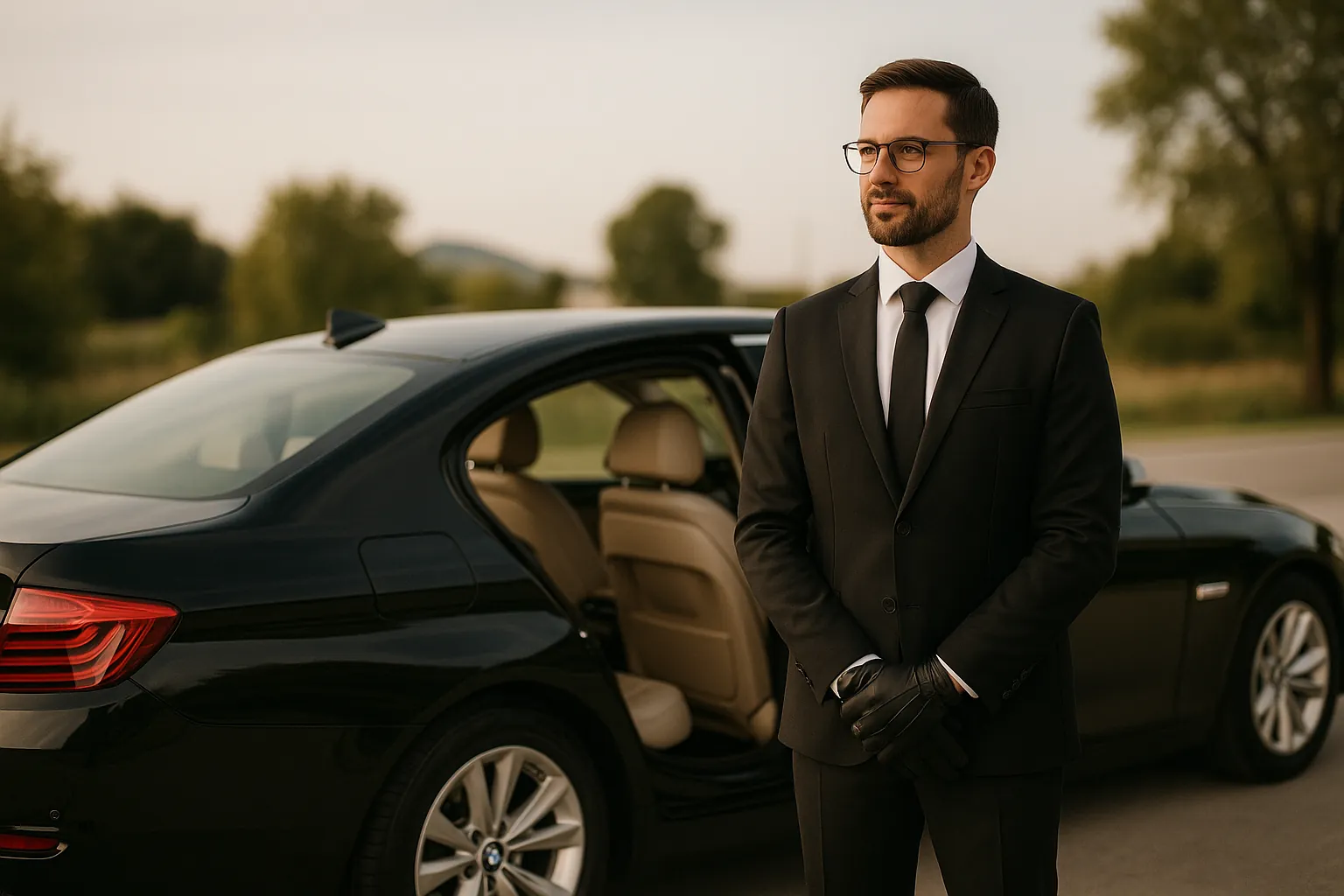 Berline de luxe stationnée, lumière douce, ambiance feutrée évoquant les prix d'un chauffeur privé haut de gamme