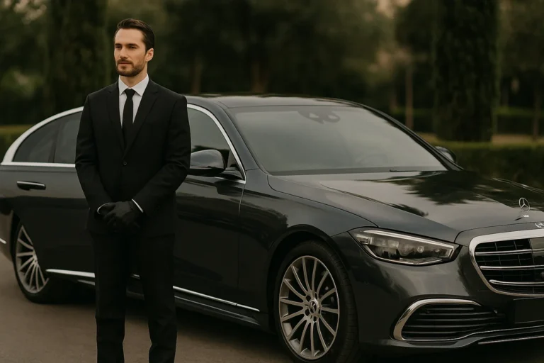 Berline noire premium garée devant une avenue barcelonaise, ambiance élégante et lumière douce