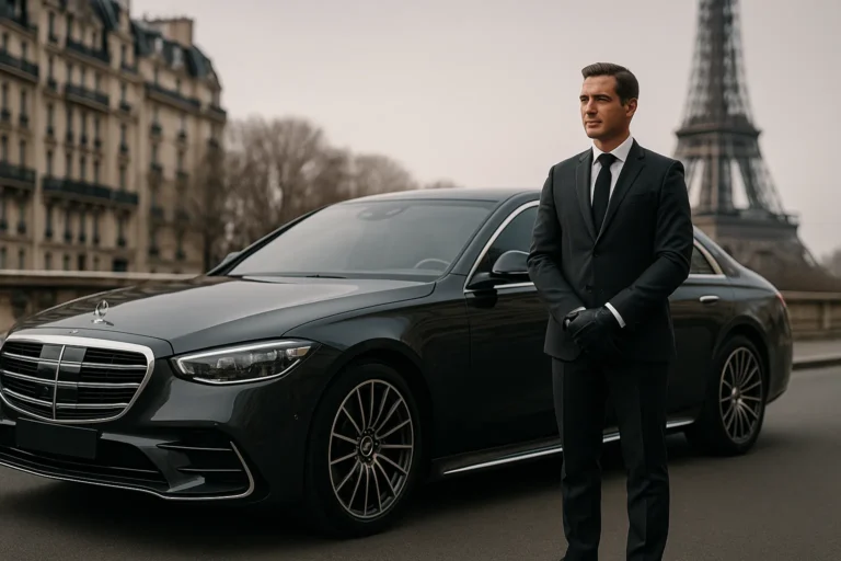 Berline noire de luxe sur un boulevard parisien, ambiance feutrée et lumière douce évoquant les transports premium à Paris